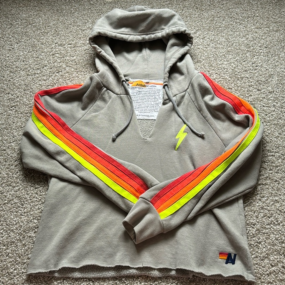 aviator nation gray bolt cropped hoodie with neon stripes